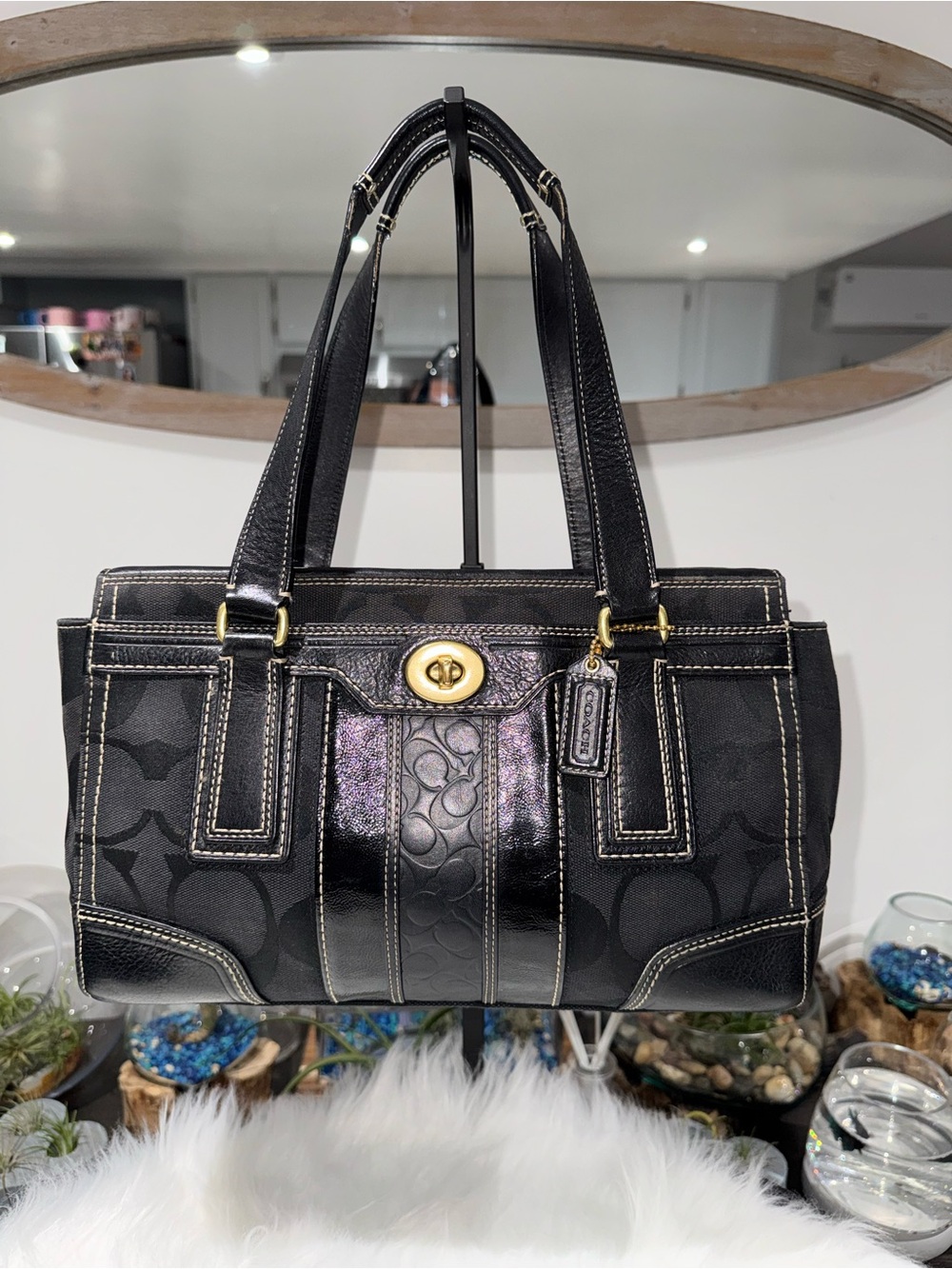 Rare Vintage Coach Black Signature Jacquard Turnlock Shoulder Bag Y2K EUC